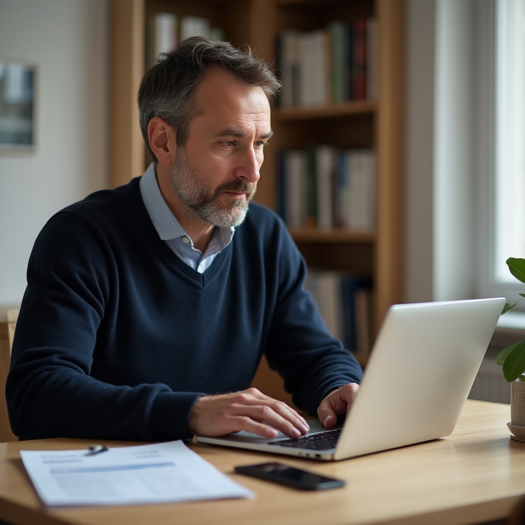 Person liest österreichisches Steuergesetz am Laptop